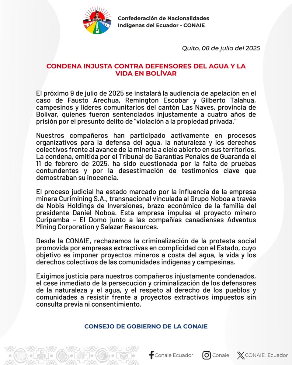 ⭕ [COMUNICADO]

Condena injusta contra los defensores del agua y la vida en Bolívar. 
La condena es parte de una estrategia de criminalización de la protesta social para imponer proyectos extractivos a costa del agua, la vida y los derechos colectivos de las comunidades.