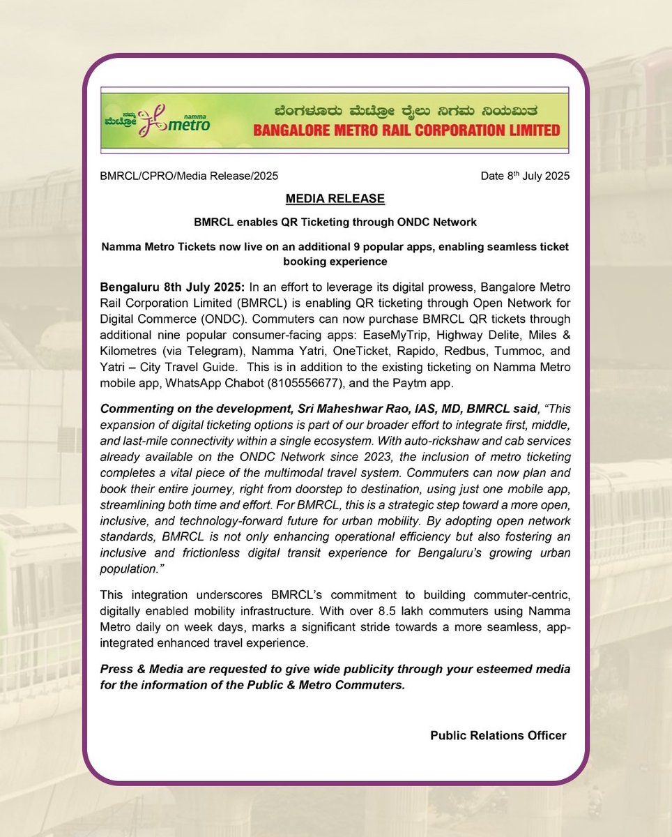 Lallan93806457's tweet image. Namma Metro Tickets now live on an additional 9 popular apps, enabling seamless ticket.
@NammaBengaluroo
@ChristinMP_
@WF_Watcher