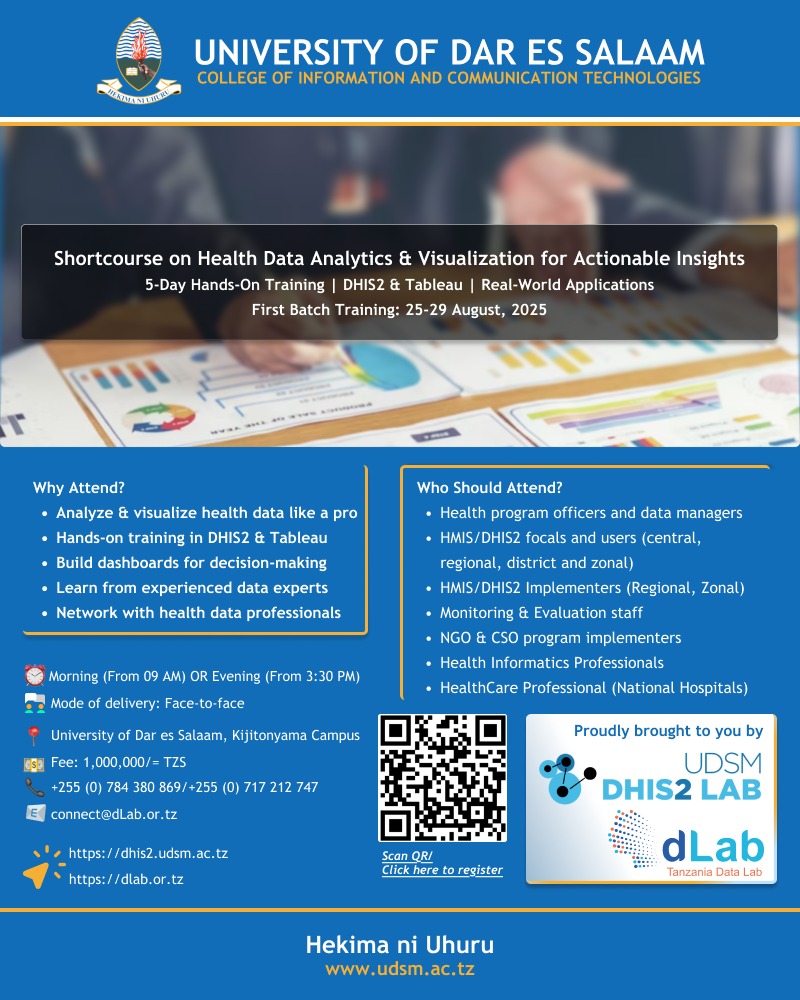 🚨 New Training Alert!
Join UDSM's 5-day hands-on course on Health Data Analytics &amp; Visualization using DHIS2 &amp; Tableau.
🗓️ 25–29 Aug 2025
📍 Kijitonyama Campus
🎯 Targeting HMIS, M&amp;E, NGOs, health pros
💸 1M TZS
🔗 Register now: dhis2.udsm.ac.tz
#HealthData #DHIS2