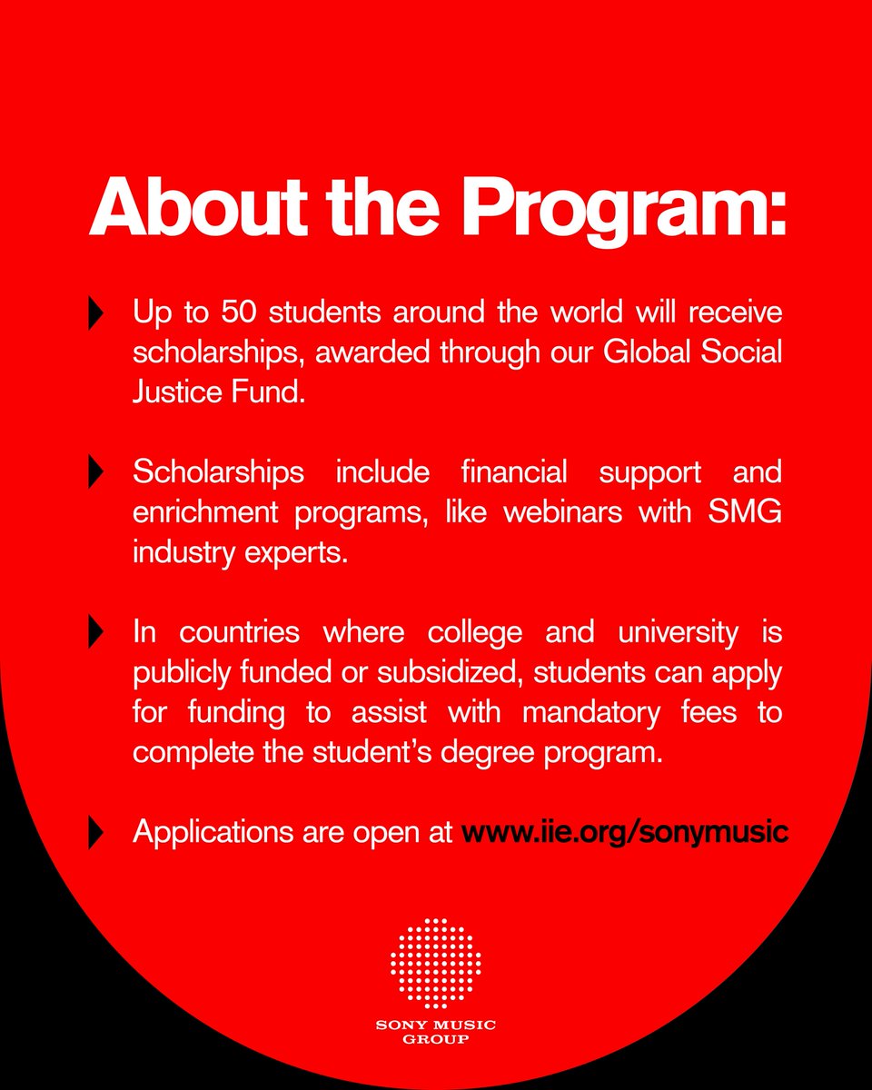 sonymusicnews's tweet image. Apply now to join the next cohort of SMG’s Global Scholars Program! This initiative provides scholarships and enrichment opportunities for students pursuing music and music-related fields of study at accredited colleges and universities. Learn more here: sonymusic.link/gsp25