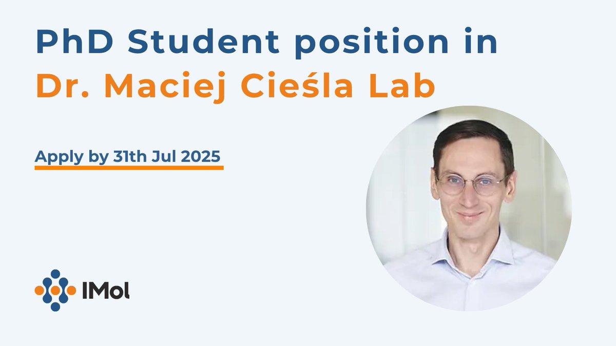 IMol_Institute's tweet image. At the moment, @IMol_Institute is looking for a candidate for the position of PhD Student in Dr. Maciej Ciesla Lab.
This is an exciting opportunity at Sonata Bis 12 project.
For more details, visit: euraxess.ec.europa.eu/jobs/355249