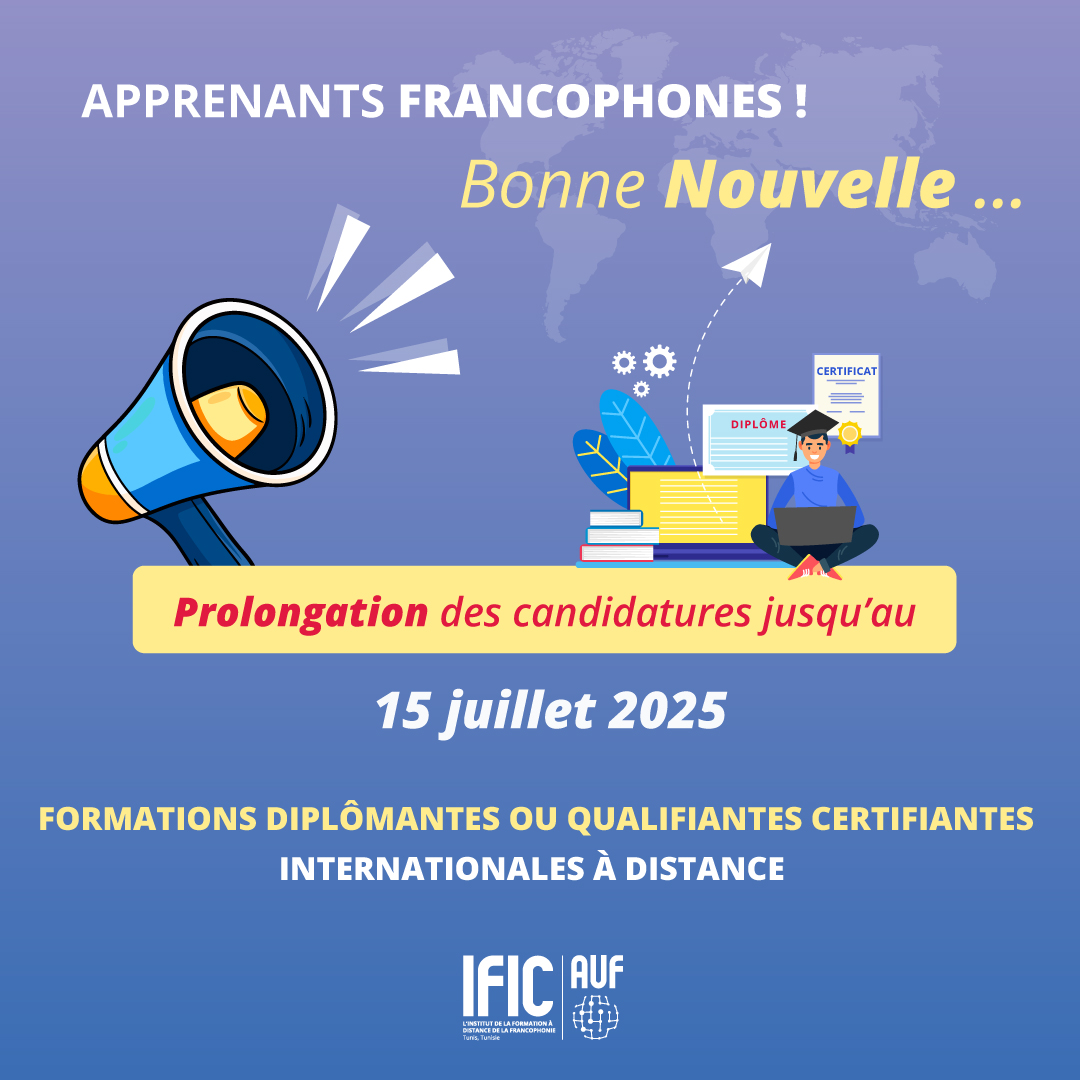 Candidature prolongée jusqu'au 15 juillet 2025 ! #Formations internationales à distance 🌍: 

✅Diplômantes (débutant en sept/oct 2025) :   Candidatez l.auf.org/formations-dip…
✅Qualifiantes Certifiantes : Candidatez l.auf.org/formations-qua…

📩foad@auf.org
#AUF #IFIC #AAC