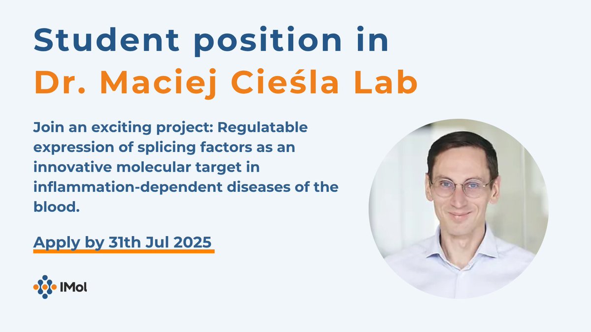 IMol_Institute's tweet image. Student position available in Dr. Maciej Ciesla Lab.
@IMol_Institute is currently seeking a Student to join our Lab for the implementation of the First Team project, funded by the FNP Foundation for Polish Science.
For more details, visit euraxess.ec.europa.eu/jobs/355222