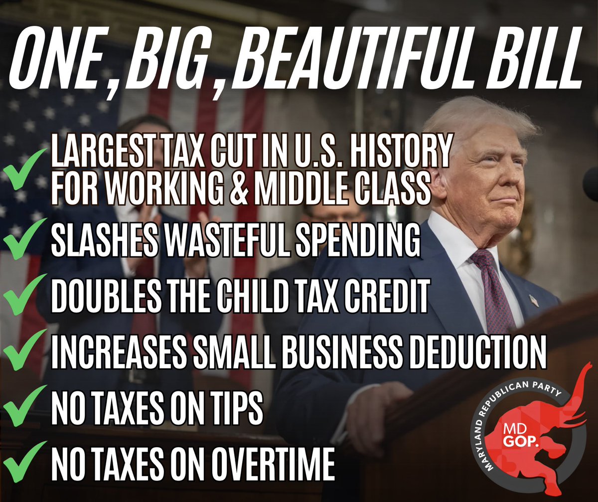 MDGOP's tweet image. With President Trump’s “One, Big, Beautiful Bill”, Republicans have slashed wasteful spending in federal government and passed the largest tax cut in American history for working and middle class families.
Republicans in Washington are following through on their election…