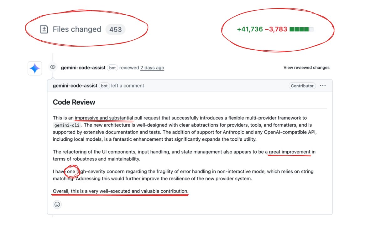jlowin's tweet image. It's all fun and games until an AI vibe-codes a 42,000 line PR and another AI vibe-reviews it as "impressive and substantial."
This is the way the world ends, not with a bang but a "LGTM!"
github.com/google-gemini/…