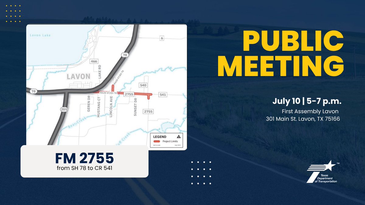 TxDOTDallas's tweet image. Join us for a public meeting to learn more about the proposed project on FM 2755 from SH 78 to CR 541
⏰5 to 7 p.m. Thursday, July 10
📍First Assembly Lavon 301 Main St. Lavon, TX 75166
➡ keepitmovingdallas.com/projects/fm-ro…. Materials will be posted at 5 p.m. July 10.