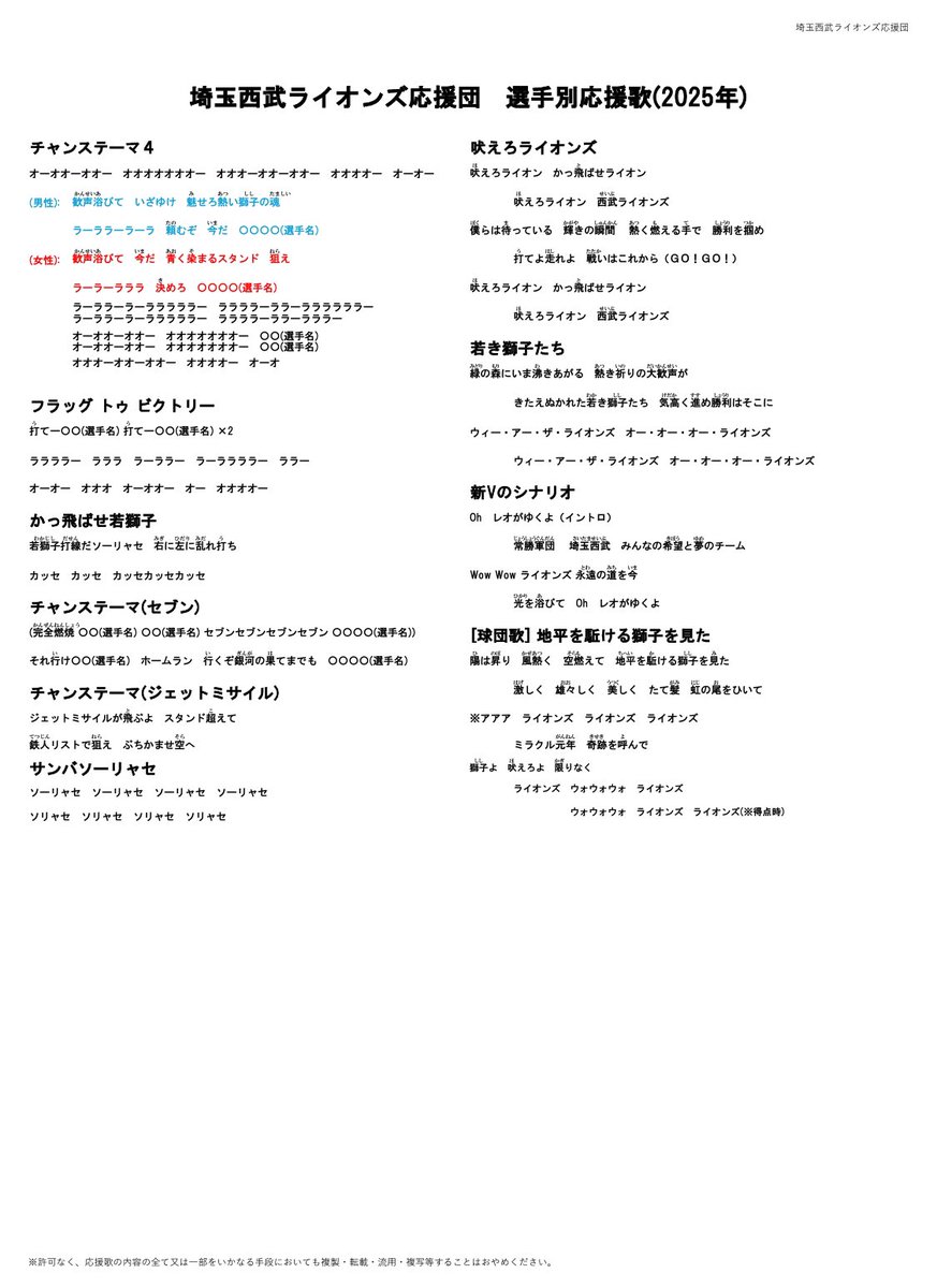 2025年選手別応援歌歌詞カード 画像保存してお使いください！