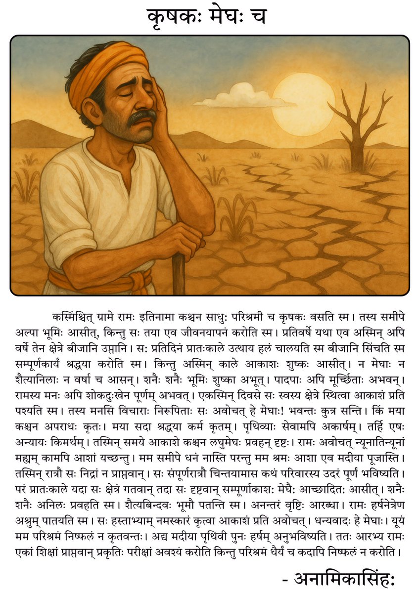 anamika26singh's tweet image. 🌾A farmer’s hope meets the silence of the skies...

This Sanskrit story “Kṛṣakaḥ Meghaḥ ca” is my original creation a tale of resilience, devotion, and nature’s test.
Kindly read!! 🧡 

#Sanskrit #SanskritStory #ArtAndLanguage  #Storytelling #FarmersHope  #LiteratureLovers