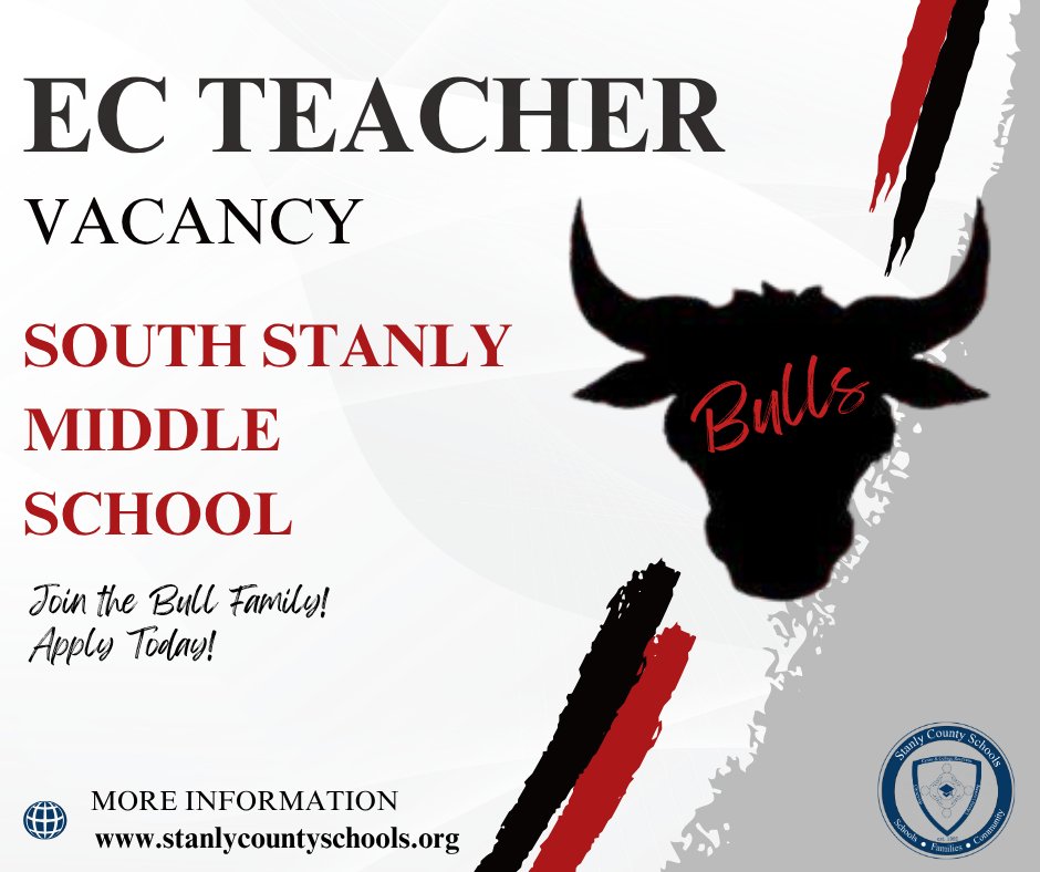 StanlySchools's tweet photo. 📣 We’re Hiring! 📣

South Stanly Middle School is looking for an Exceptional Children (EC) Teacher to join the dedicated and passionate Bull Family! 🐂❤️
Apply Today! https://t.co/LeaAEqz5X4 https://t.co/KQ6XhJQODp