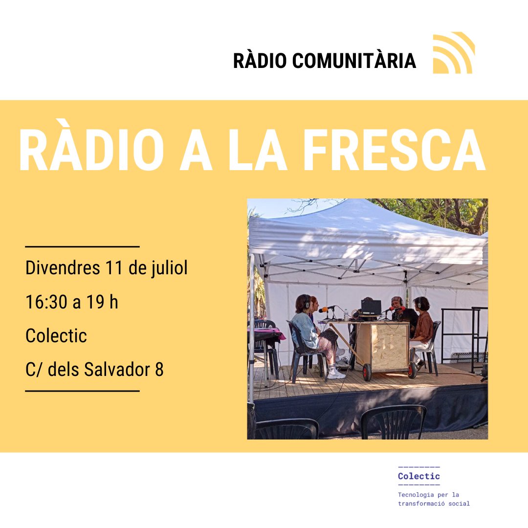 🎙️Ràdio a la fresca

La ràdio comunitària surt al carrer de la mà de <a href="/colectic_coop/">Colectic</a> per conèixer la proposta i donar veu a les veïnes i tot acompanyat d'un berenar. 

📅Divendres 11 de juliol de 16:30 a 19 h.

📍 Colectic - Carrer dels Salvador 6-8.