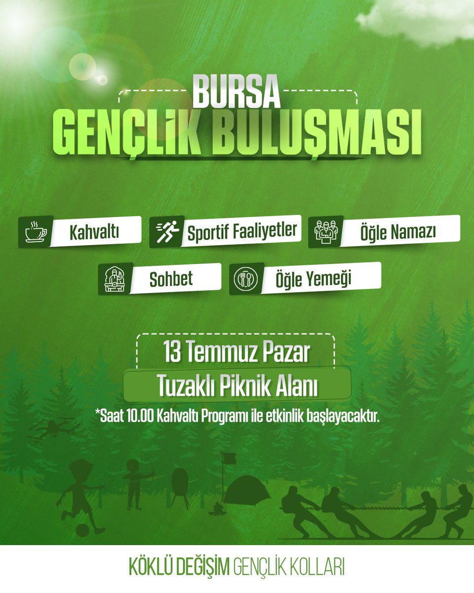 🤝 Gençlik Buluşması

“Köklü Değişim Gençlik Kolları Bursa Buluşuyor!”

Birlikte kahvaltı yapacak, tanışacak, kardeşlik bağlarımızı güçlendirecek ve sosyal etkinliklerle dolu dolu bir gün geçireceğiz!
İmanla kaynaşan gönüller, dava bilinciyle güçlenen adımlar için sen de bu