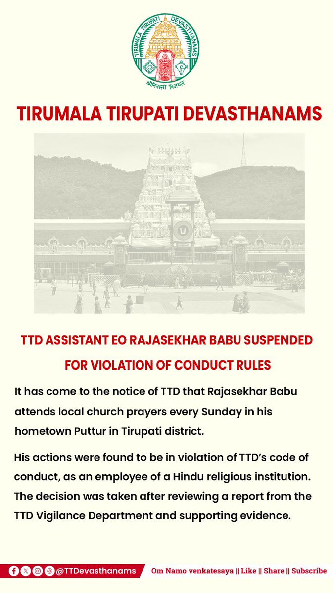 TTD AEO Rajasekhar Babu suspended for violating conduct rules.
He allegedly took part in Sunday church prayers in Puttur, breaching TTD’s code as an employee of a Hindu religious body.

Action was taken after a Vigilance report.
#TTD #Tirumala #DisciplinaryAction