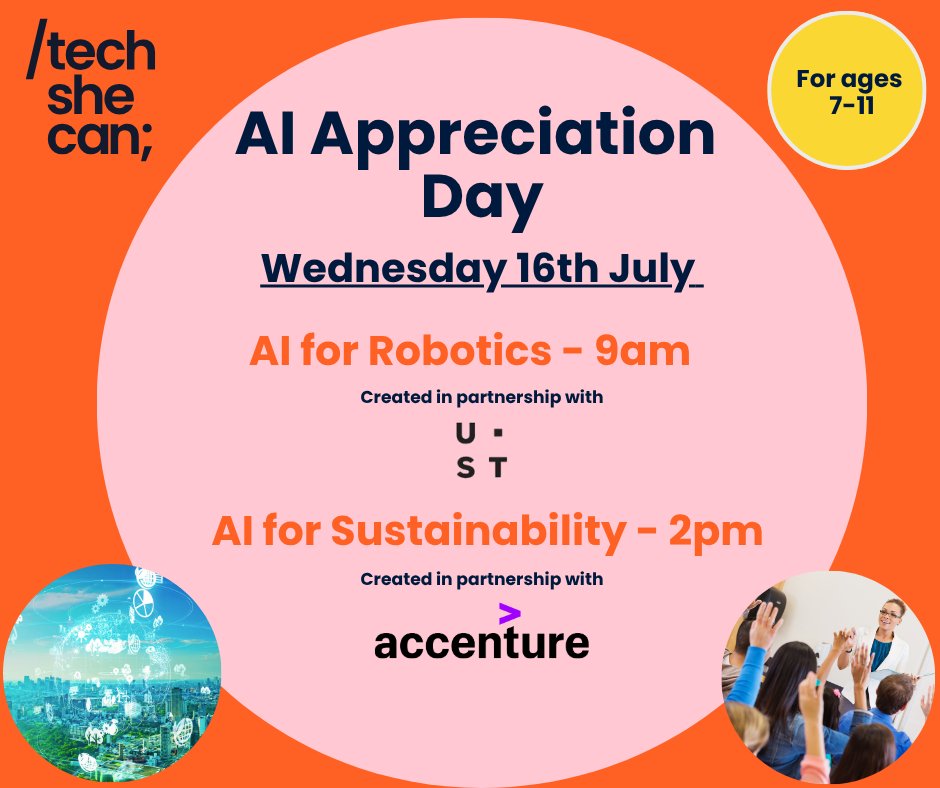 Tech_She_Can's tweet image. AI is rapidly transforming our world - help your pupils understand its impact and potential.
Celebrate #AIAppreciationDay with your primary class!
🕘 9am: AI for Robotics with @USTglobal
🕑 2pm: AI for Sustainability with @AccentureUK
🔗 Register: techshecan.org/live-assemblies