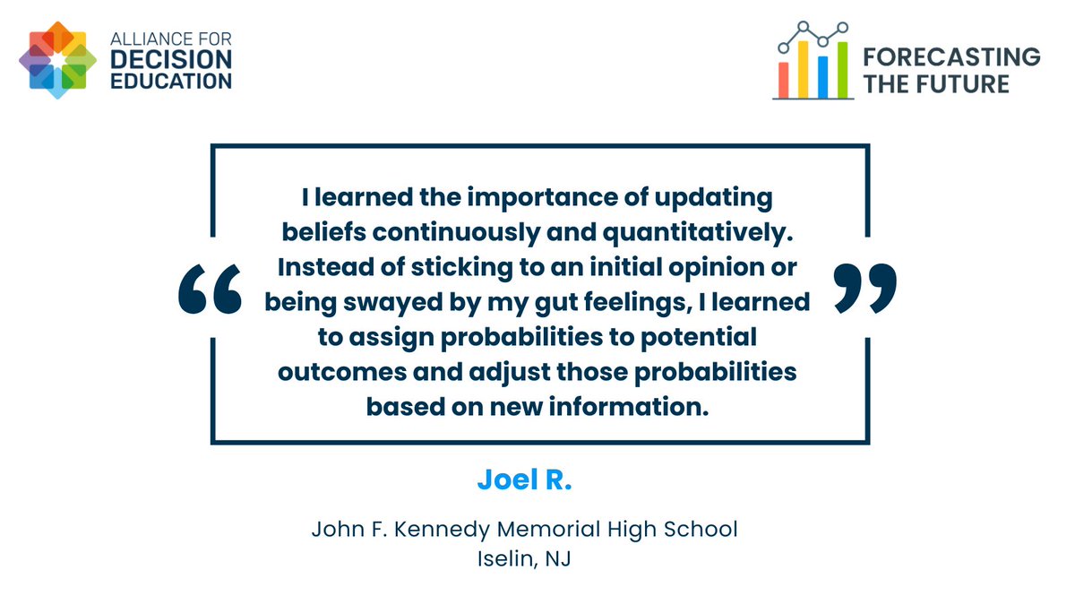 AllDecisionEd's tweet image. This past spring, we hosted Forecasting the Future 2025, inviting middle and high school students to sharpen their decision-making skills by making forecasts. Now, we’re excited to share who won and what participants learned!
alliancefordecisioneducation.org/blog/forecasti…