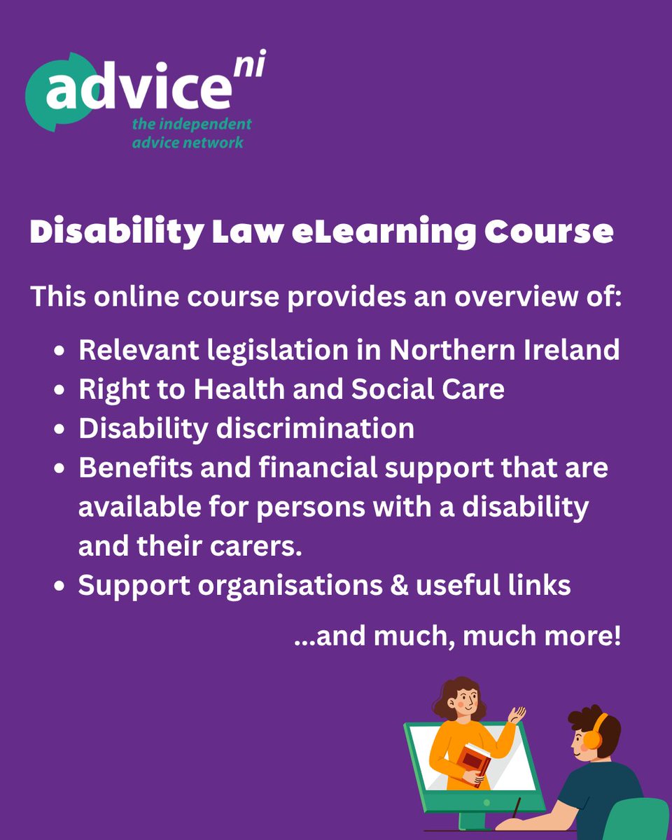 AdviceNI's tweet image. 📚 Sign up for E-learning courses covering Disability Law with Advice NI📚 
Develop the essential skills, knowledge and understanding to improve advice offered to clients on Disability law . Contact training@adviceni.net today.
#Disabilityrights #Disabilitylaw
