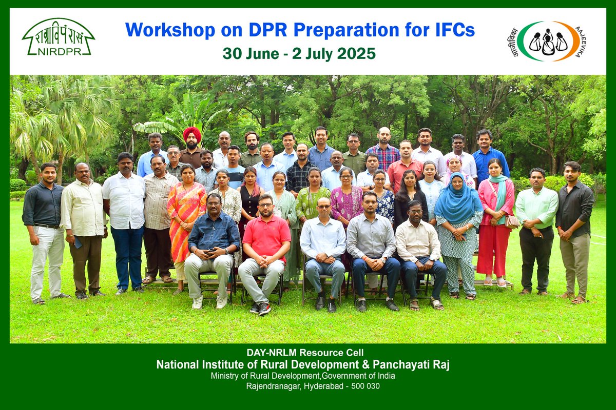 📊 The Workshop on DPR Preparation for IFCs was successfully conducted from 30 June to 2 July 2025 at <a href="/NIRDPR_India/">NIRDPR</a>, Hyderabad.

✅ The training strengthened participants' capacities in project formulation, technical writing &amp; financial planning for Integrated Farming Clusters.