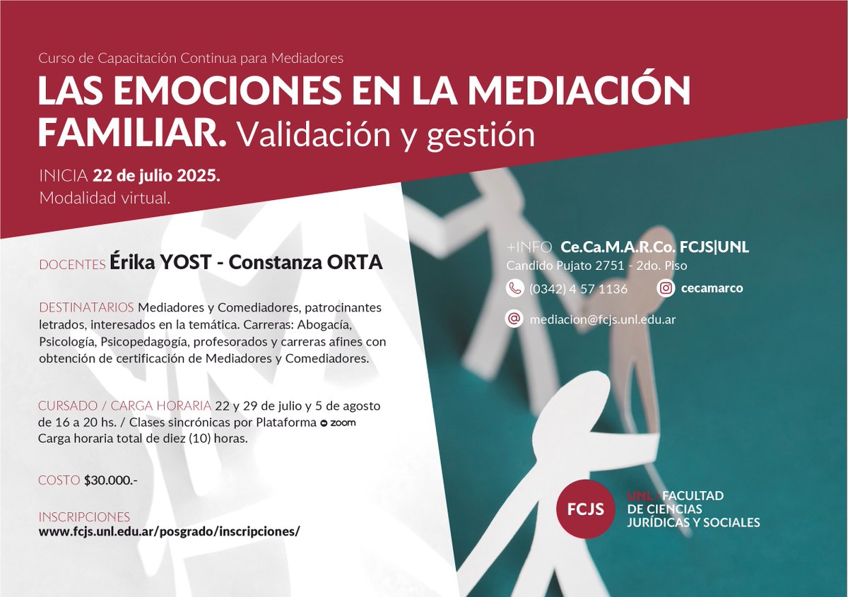 👥 Curso de capacitación continua: Las emociones en la mediación familiar

👨🏻‍💻 Serán tres encuentros virtuales entre los meses de julio y agosto, dictado por el Centro de Capacitación en Medios Alternativos de Resolución de Conflictos (CeCaMARCo). 

ℹ️ fcjs.unl.edu.ar/ver-noticia/?n…
