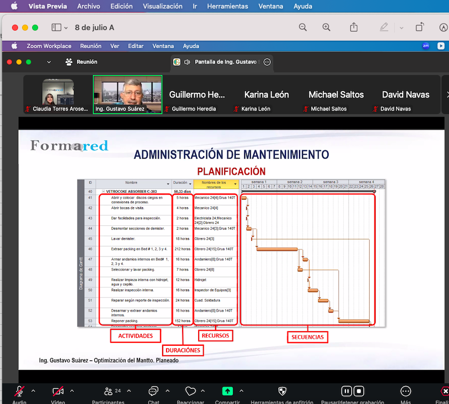 formared's tweet photo. 🔧 Planificar el mantenimiento no es solo agendar tareas, es coordinar actividades, tiempos, recursos y secuencias para maximizar la eficiencia.
 Gran sesión del curso de Optimización de Mantenimiento Planeado PMO sobre administración del mantenimiento con enfoque práctico. https://t.co/c6fCbaqQJ9