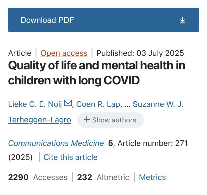 New - published in <a href="/Nature/">nature</a>

‘Pediatric Long COVID (PLC) can significantly affect children’s daily lives, but its impact on well-being is not yet fully understood. This study investigated the quality of life,

nature.com/articles/s4385…