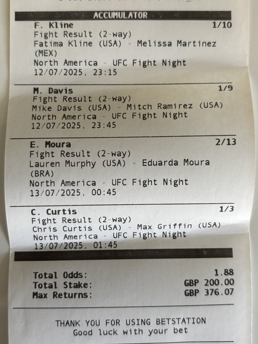 #UFCNashville 
Fatima Kline ML + Mike Davies ML + Eduarda Moura ML + Chris Curtis ML 
£200 Returns £376