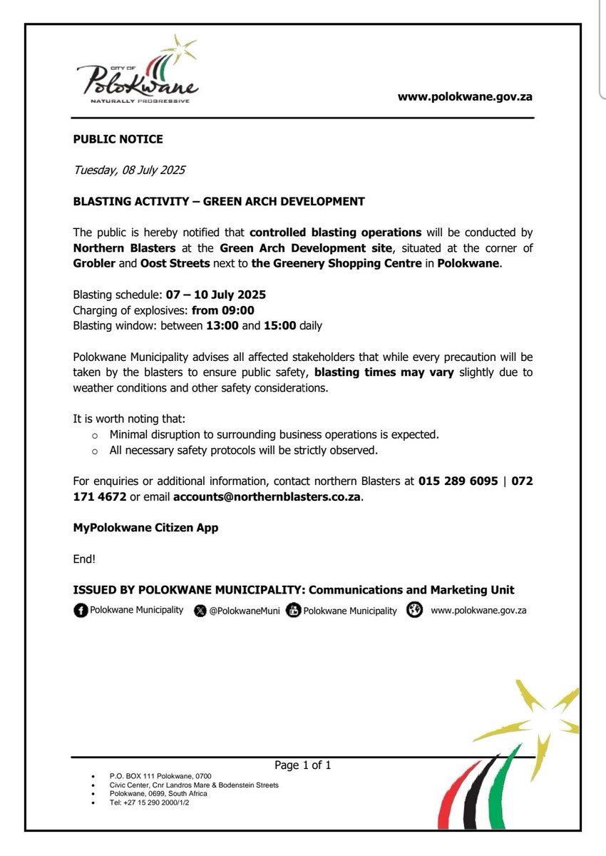 PolokwaneMuni's tweet image. PUBLIC NOTICE
If you hear a BOOM near Grobler and Oost this week… don’t panic, it’s not the end of the world — just controlled blasting at Green Arch.
Daily from 09:00 (charging)
Blasting between 13:00–15:00
07–10 July
Stay calm. Your windows are safe… we think.