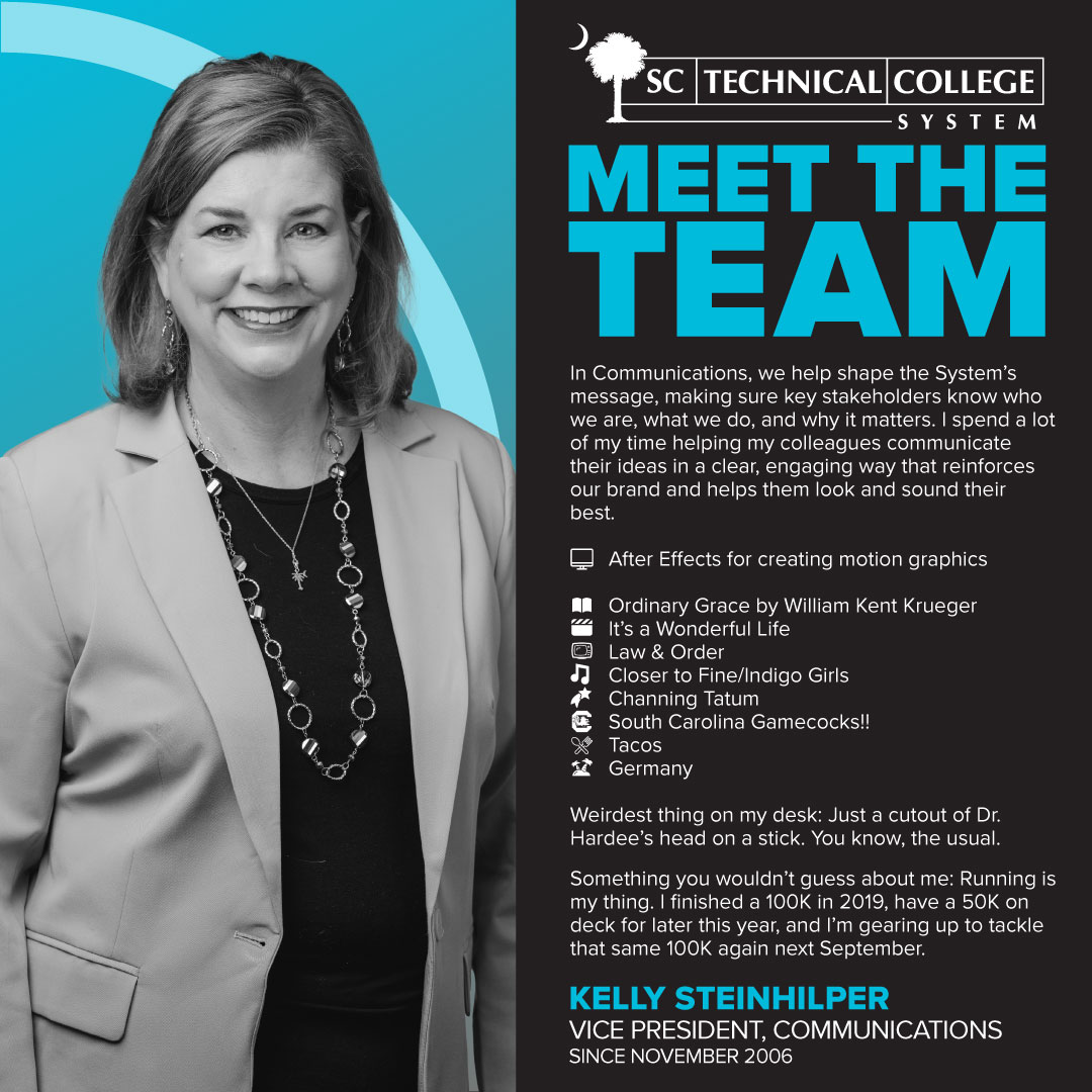 It’s our people who set us apart. Meet the talented team ensuring affordable, accessible, and relevant career and technical education for all South Carolinians!

Presenting Vice President of Communications, Kelly Steinhilper.

#MeetTheTeam