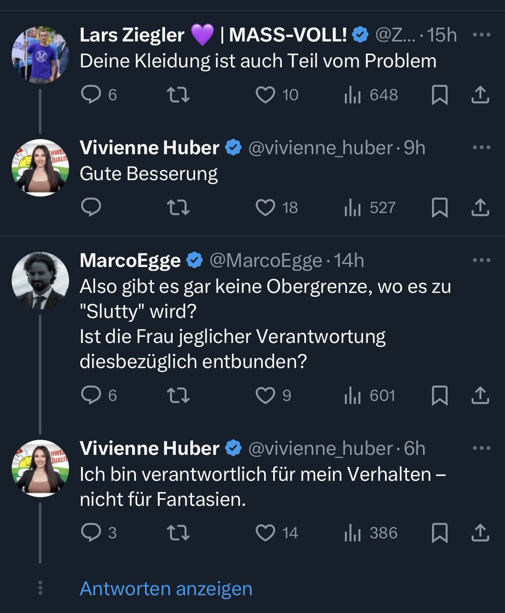 Spannend, dass gleich zwei Männer, die wahrscheinlich nicht dem muslimischen Glauben angehören, auch die Kleidung von ihr kritisieren, bzw. „slutty“ Kleidung. Könnte das Problem vielleicht doch das Patriarchat sein?