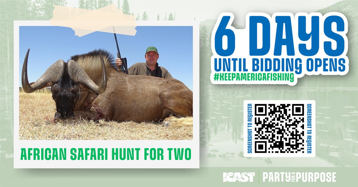 ASAFishing's tweet image. In 6 days you can start bidding on a once in a lifetime opportunity to go hunting “Under the African Skies” with Lungile Tours. Cast your support and fight for your right to fish and #KeepAmericaFishing
bit.ly/4lzPNYg
#ICAST2025 | #ICAST | #ICASTSHOW