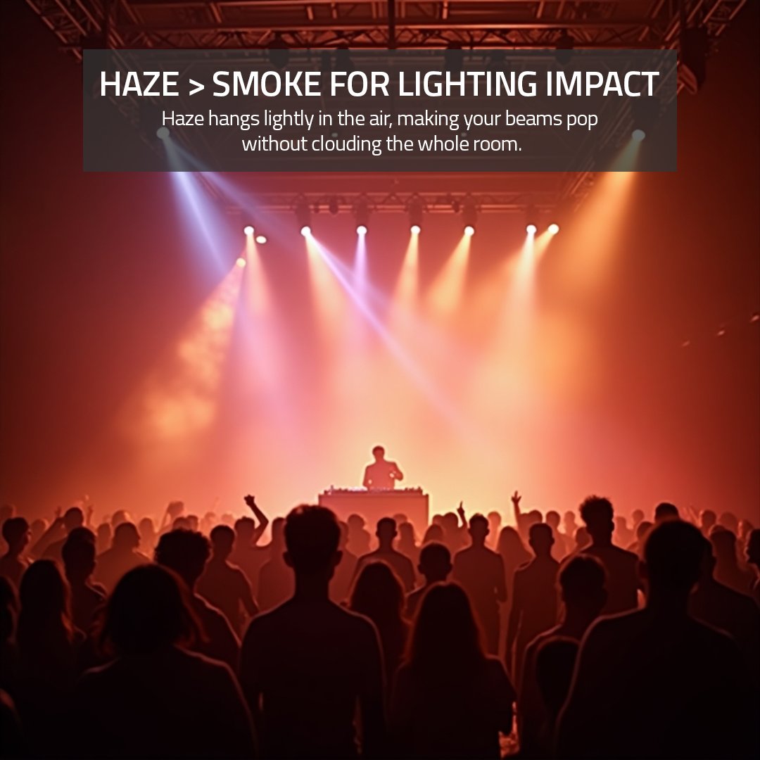 Pro Tip: Haze &gt; Smoke for lighting impact ✨

If you want those beams to pop without fogging up the whole room, go with haze. It lingers just right to enhance your lights, not overwhelm the vibe. Total game-changer. 💡 

#LightingEffects