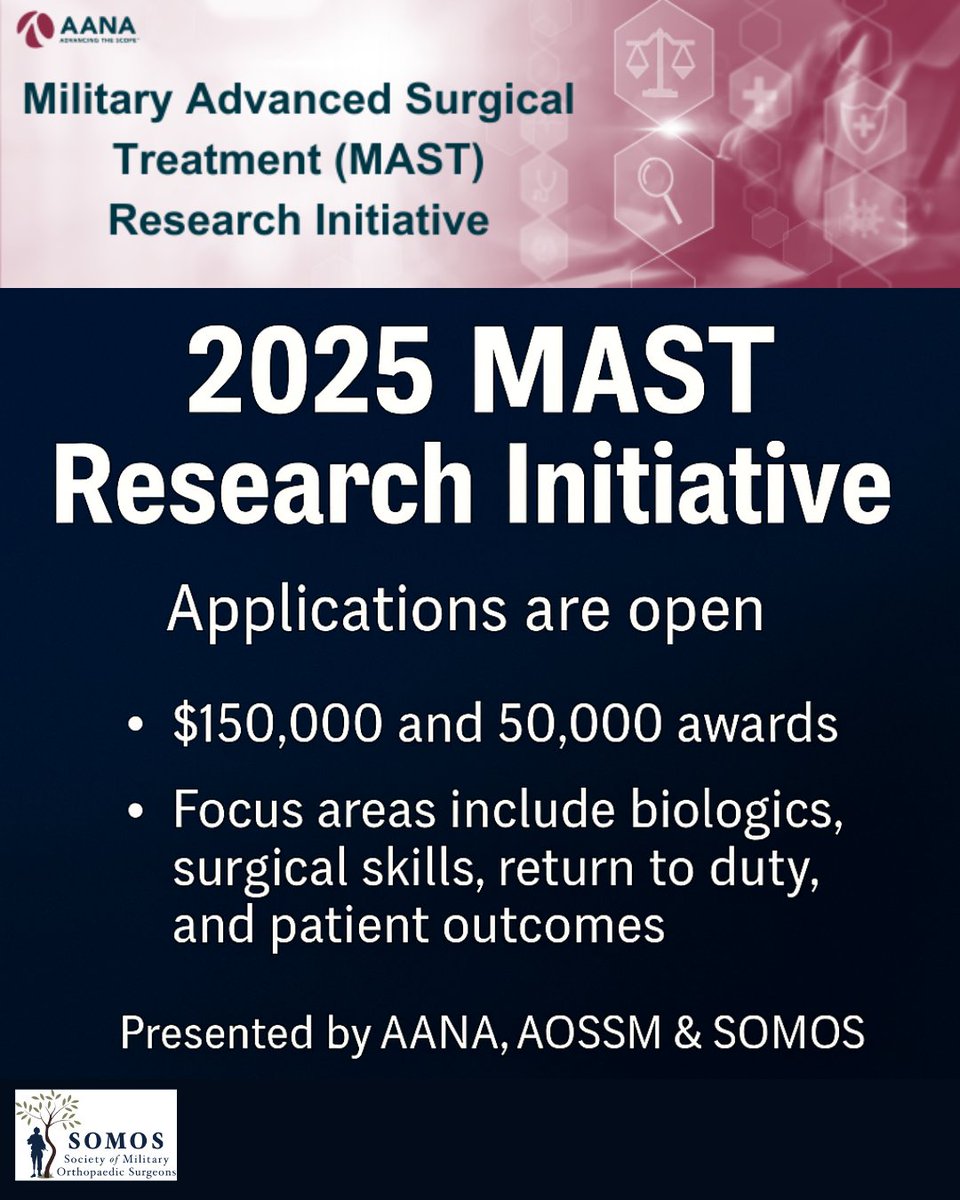 Orthopaedic researchers: Submit to the 2025 MAST Research Initiative by Aug 1!
Advance military surgical care with your work.
Eligible AANA, AOSSM, SOMOS members apply: zurl.co/xGhT9
#MilitaryResearch #Orthopaedics #MAST2025