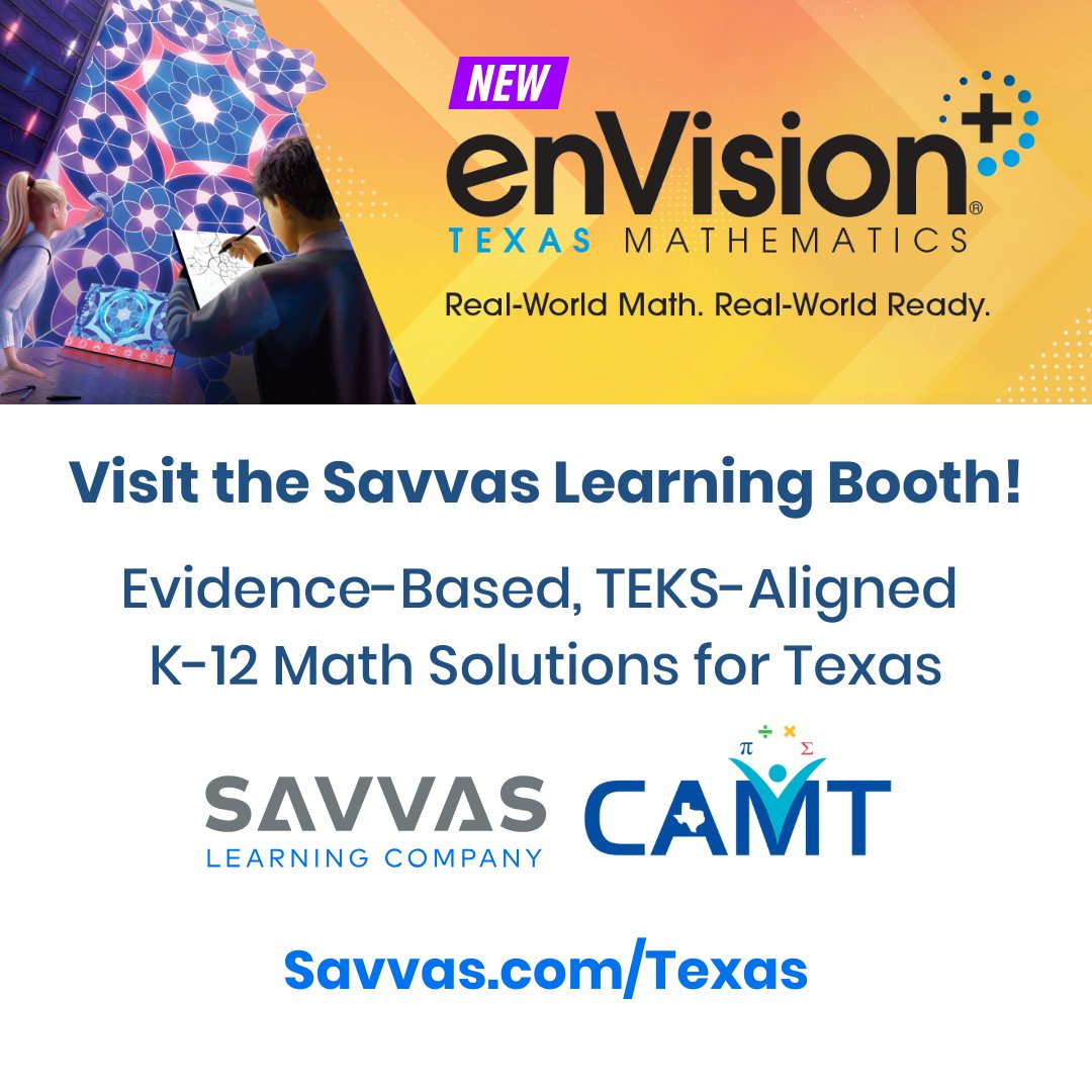 CAMT_TX's tweet image. Visit the @SavvasLearning booth at #CAMT25 and discover how their evidence-based, TEKS-aligned K-12 math solutions can help develop students’ math fluency and deepen conceptual understanding. Learn more: ow.ly/ISXz50W7fFR
#MathEd #enVisionMath