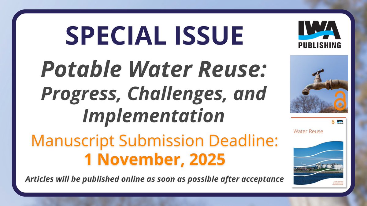 ⏳ 4 months remaining to submit your research for peer-review and publication in our Potable Water Reuse #SpecialIssue.

Read the full #CallforPapers here ➡️ iwaponline.com/jwrd/pages/si_…

#PotableWaterReuse #WaterReuse #Water #Innovation #AcademicPublishing