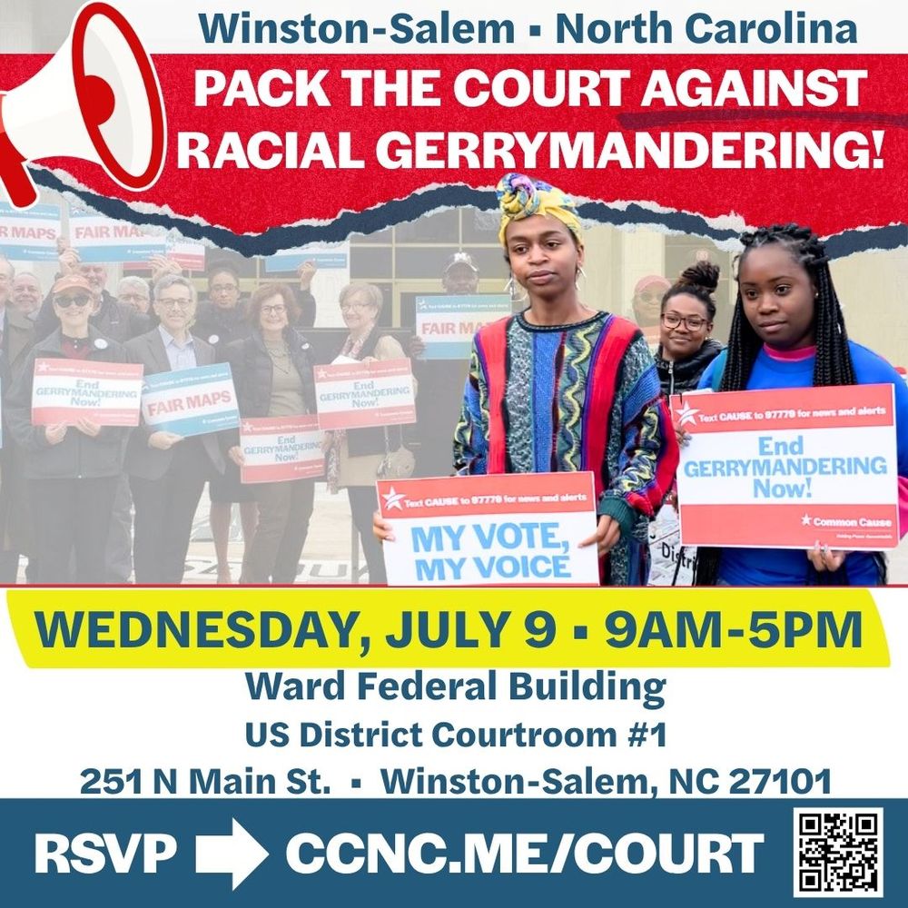 CommonCauseNC's tweet image. Join us in Winston-Salem on Wednesday, July 9 to help pack the court for what may be the final day and closing arguments in our crucial trial against racially discriminatory gerrymandering. Learn more & RSVP: ccnc.me/court #ncpol
