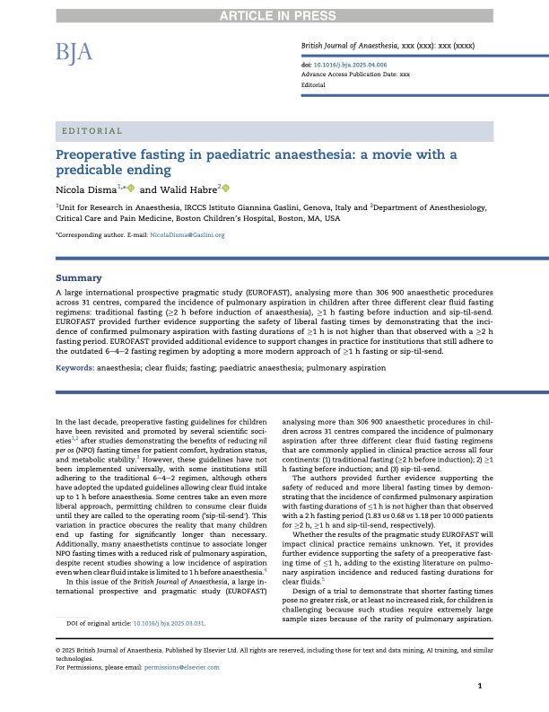 Evidence to support reduction in #paediatric fasting times is rapidly emerging. Future research should focus on how to adapt the flexible 1 hour #fasting protocol to high-risk patients. 

bjanaesthesia.org/article/S0007-…