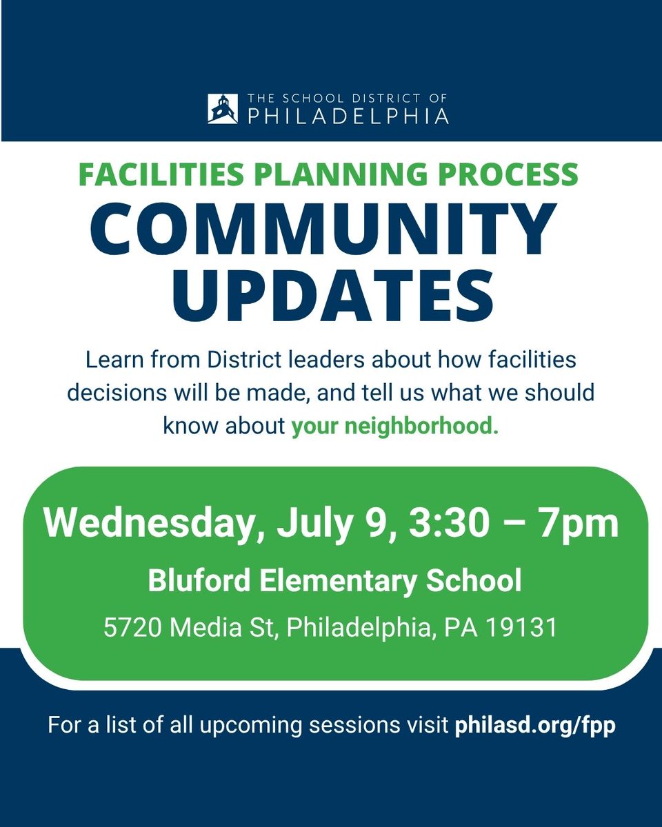 RepCephas's tweet image. Please note the location change for this important info session from 3:30-7 p.m. tomorrow, July 9, with leaders from @PHLschools regarding their facilities planning process for improving school facilities. The event will now be at Bluford Elementary School.