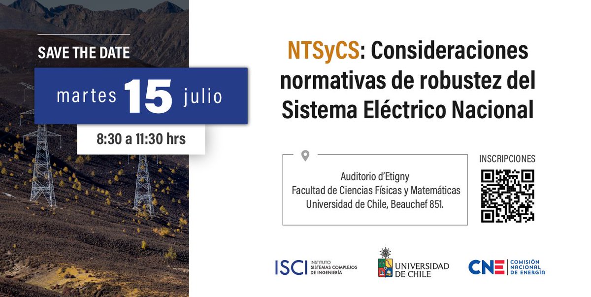 ¡Invitación!
Este 15 de julio, de 8:30 a 11:30 hrs, te invitamos al seminario organizado por el ISCI Instituto y la Comisión Nacional de Energía, Metodología para Requerimientos de Robustez y las principales modificaciones a la NTSyCS.
Inscríbete aquí: lnkd.in/eJC4NNqe