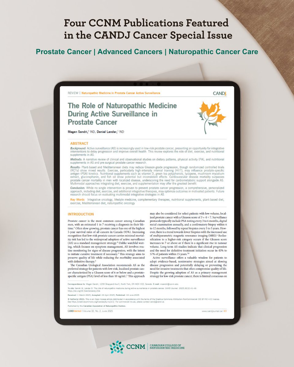 We’re proud to share that 4 CCNM #research articles are featured in the June 2025 cancer-focused issue of CANDJournal!

Topics include prostate cancer, the landmark CUSIOS study, and the value of naturopathic care.

Congrats to all the authors!

📚 Read: candjournal.ca/index.php/cand…