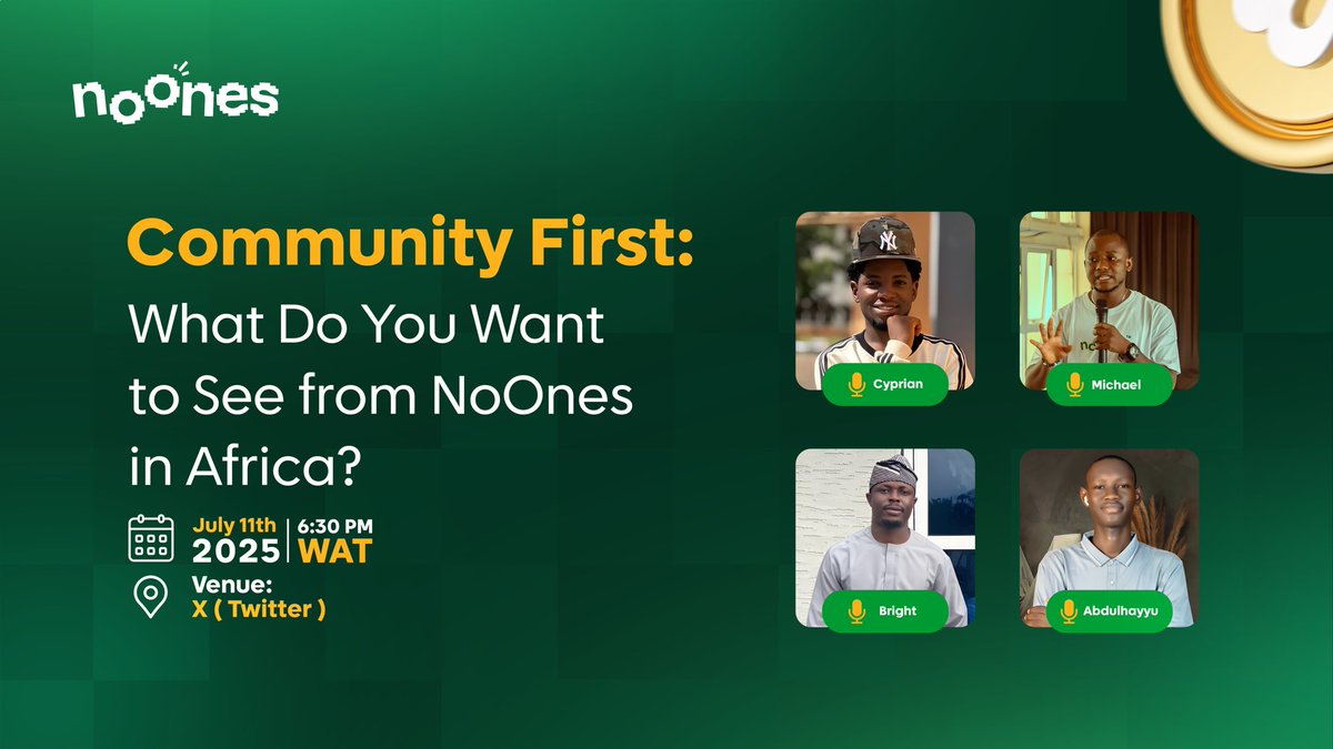 🔊 X AMA Alert! 🚨 
Community First: 𝗪𝗵𝗮𝘁 𝗱𝗼 𝒀𝑶𝑼 𝘄𝗮𝗻𝘁 𝘁𝗼 𝘀𝗲𝗲 𝗳𝗿𝗼𝗺 NoOnes 𝗶𝗻 𝗔𝗳𝗿𝗶𝗰𝗮? 🌍💬

𝗜𝘁’𝘀 𝘆𝗼𝘂𝗿 𝘃𝗼𝗶𝗰𝗲, 𝘆𝗼𝘂𝗿 𝘃𝗶𝘀𝗶𝗼𝗻, 𝘆𝗼𝘂𝗿 𝗽𝗹𝗮𝘁𝗳𝗼𝗿𝗺 - 𝗹𝗲𝘁’𝘀 𝗯𝘂𝗶𝗹𝗱 NoOnes 𝘁𝗼𝗴𝗲𝘁𝗵𝗲𝗿.

🗓️ 𝗝𝘂𝗹𝘆 𝟭𝟭𝘁𝗵
🕡 𝟲:𝟯𝟬