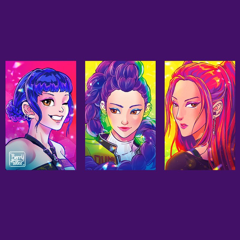berrybooze_art's tweet image. The girls! I had fun with the colors esp Zoey's, but I forgot about cmyk so I had to tweak a lot for the printed version 🤧
#KPOPDEMONHUNTERS #kpopdemonhuntersfanart