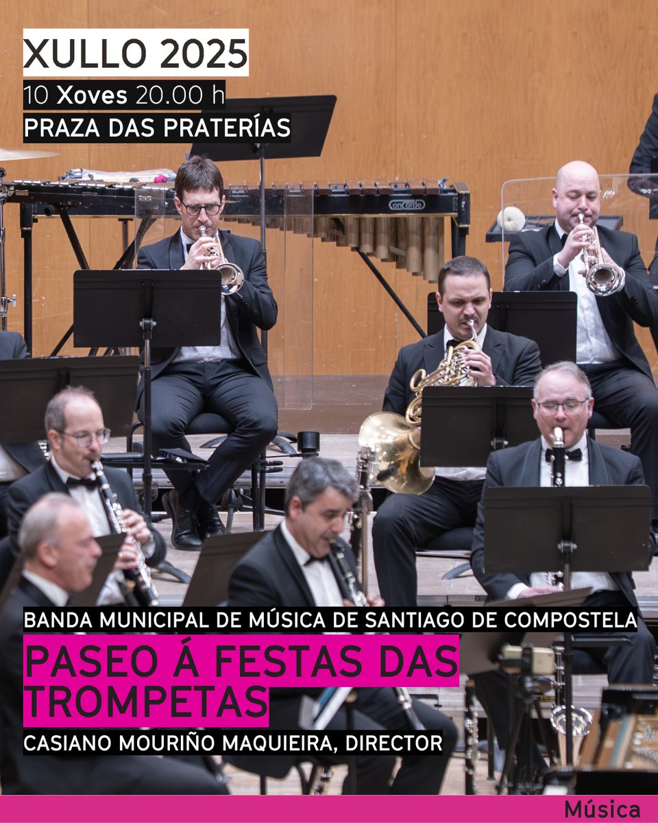 Compostela Cultura (@ccultura) on Twitter photo 🎵A <a href="/BMSCompostela/">Banda de Música de Santiago de Compostela</a>, dirixida por Casiano Mouriño Maquieira, presenta un novo concerto coa trompeta como protagonista
No escenario, tres destacados trompetistas: Juan Lois Diéguez, Alberto Xesús Busto Castaño e Manuel Otero Payno
📅 10 de xullo
🕗 20.00 h
📍 Praza das Praterías 🎵A <a href="/BMSCompostela/">Banda de Música de Santiago de Compostela</a>, dirixida por Casiano Mouriño Maquieira, presenta un novo concerto coa trompeta como protagonista
No escenario, tres destacados trompetistas: Juan Lois Diéguez, Alberto Xesús Busto Castaño e Manuel Otero Payno
📅 10 de xullo
🕗 20.00 h
📍 Praza das Praterías
