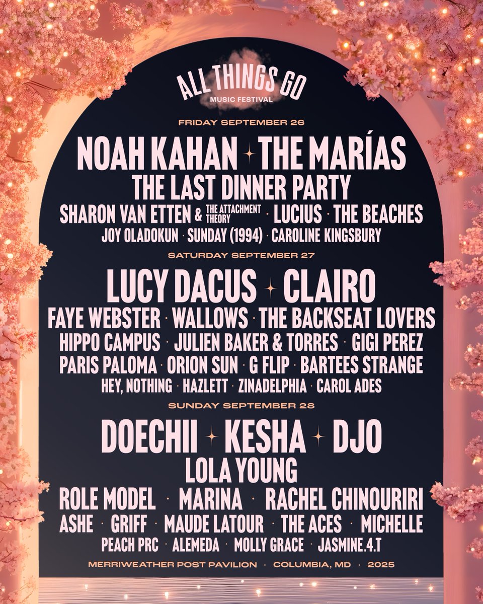 Merriweather Post Pavilion (@merriweatherpp) on Twitter photo Limited single-day passes for <a href="/AllThingsGo/">All Things Go</a> just dropped! Friday, 9/26 (Noah Kahan, The Marías) and Sunday, 9/28 (Doechii, Kesha, Djo, Lola Young) are moving fast. Get them now! 3-Day and Saturday, 9/27 passes are available in limited quantities.
🎟️: hive.co/l/atgmpp Limited single-day passes for <a href="/AllThingsGo/">All Things Go</a> just dropped! Friday, 9/26 (Noah Kahan, The Marías) and Sunday, 9/28 (Doechii, Kesha, Djo, Lola Young) are moving fast. Get them now! 3-Day and Saturday, 9/27 passes are available in limited quantities.
🎟️: hive.co/l/atgmpp