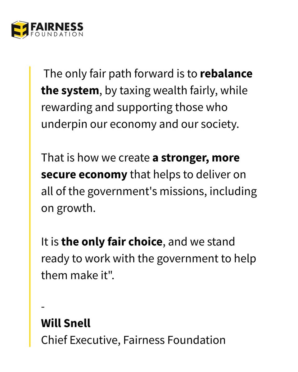 fairnessfdn's tweet image. For too long, our tax system has penalised work while letting wealth go largely untaxed. That must change.
The only fair choice ahead is to finally tax wealth properly while rewarding and supporting those who underpin our economy and society.
Full statement 👇