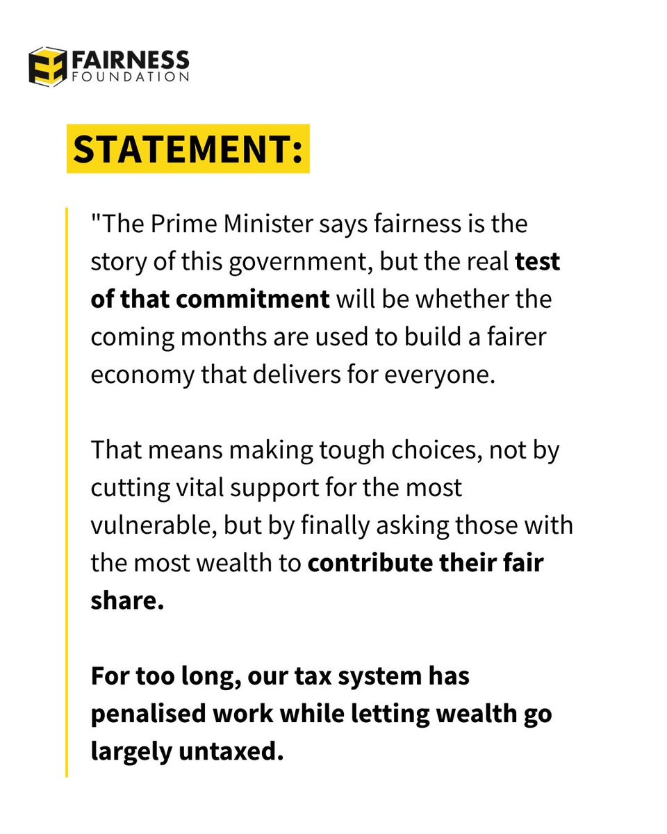 fairnessfdn's tweet image. For too long, our tax system has penalised work while letting wealth go largely untaxed. That must change.
The only fair choice ahead is to finally tax wealth properly while rewarding and supporting those who underpin our economy and society.
Full statement 👇