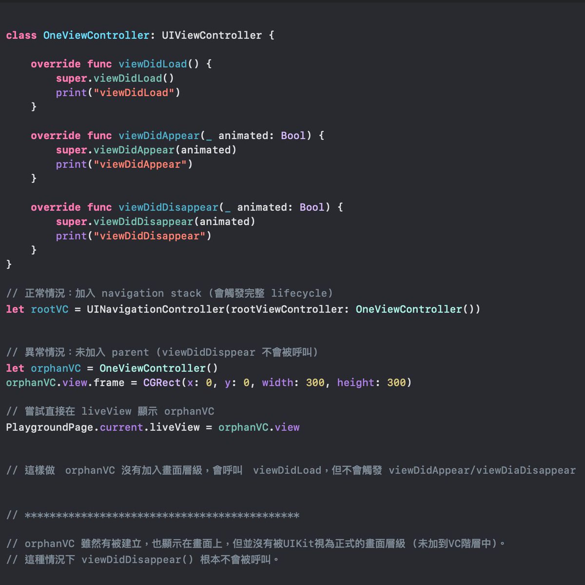 LydiaLuCode's tweet image. 【viewDidDisappear 一定會被呼叫嗎?】
正常會在畫面被關閉、dismiss、pop 時觸發。但動畫中斷、crash、未進入導航堆疊、App 被終止等狀況下可能不會執行。
關鍵操作勿只寫在此處。
#ViewController #Lifecycle #iOSBug