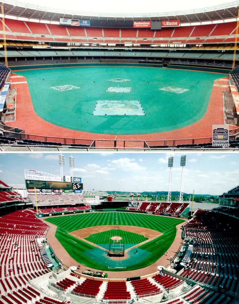 📍Riverfront Stadium (Cinergy Field) — circa 1992 🏟️🔴
• Opened: 1970
• Demolished: 2002
• Capacity: 52,952 (at its peak)

📍Great American Ball Park — circa 2003
• Opened: 2003
• Capacity: 42,319

#CincinnatiReds #Reds #PeteRose #RetroMLB #MLBStadiums #CincyReds #ballpark