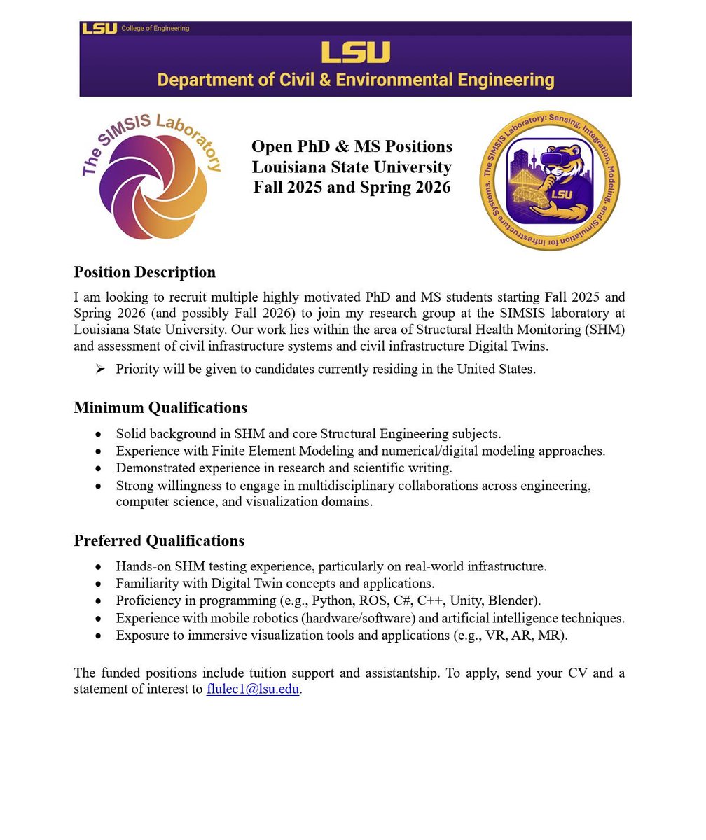 Grad_School_Hub's tweet image. &quot;The SIMSIS Lab is looking to recruit multiple highly motivated PhD and MS students starting Fall 2025 and Spring 2026 (and possibly Fall 2026) to join the research group at Louisiana State University, USA. 

The lab&apos;s work lies within the area of Structural Health Monitoring…