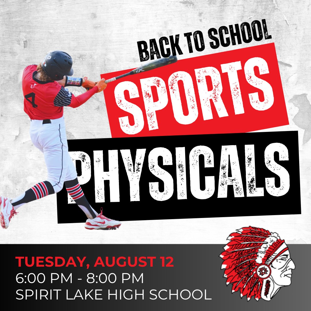 Lakes Regional Family Medicine will be offering sports physicals at Spirit Lake High School — no appointment needed!
🗓 Date: Tuesday, August 12
🕕 Time: 6:00 – 8:00 PM
💵 Cost: $25 
Bring your completed physical form, which you can download here: iahsaa.org/wp-content/upl…