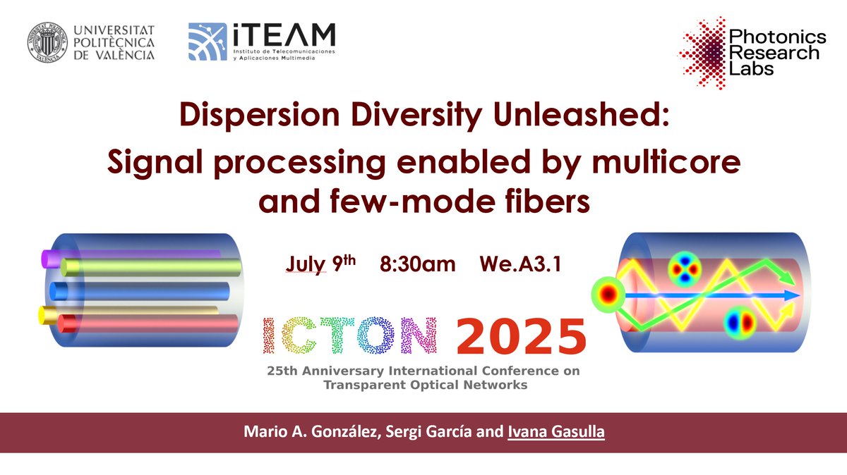 Ivana Gasulla (@hybanna) on Twitter photo 🤩Delighted to be in Barcelona to deliver an invited talk at the International Conference on Transparent Optical Networks #ICTON25!
📆Wed. July 9th, 8:30am, We.A3.1: "Dispersion Diversity Unleashed: Signal processing enabled by multicore and few-mode fibers"
<a href="/PRL_UPV/">Photonics Res. Labs</a> <a href="/iteamUPV/">iTEAM Research Institute</a> 🤩Delighted to be in Barcelona to deliver an invited talk at the International Conference on Transparent Optical Networks #ICTON25!
📆Wed. July 9th, 8:30am, We.A3.1: "Dispersion Diversity Unleashed: Signal processing enabled by multicore and few-mode fibers"
<a href="/PRL_UPV/">Photonics Res. Labs</a> <a href="/iteamUPV/">iTEAM Research Institute</a>