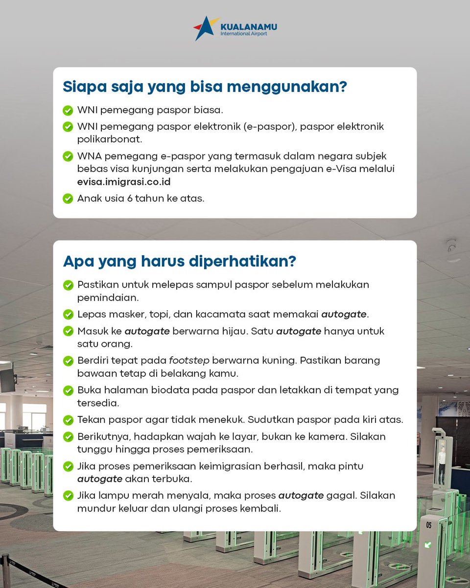 Lewat Imigrasi Makin Cepat &amp; Praktis!
Kenalan yuk sama Autogate Imigrasi di Bandara Kualanamu!
Nggak perlu antri panjang, cukup scan paspor dan wajah kamu langsung melaju ke area selanjutnya! Cocok buat kamu yang suka efisien dan anti ribet
#Kualanamu
#Bandarakualanamu