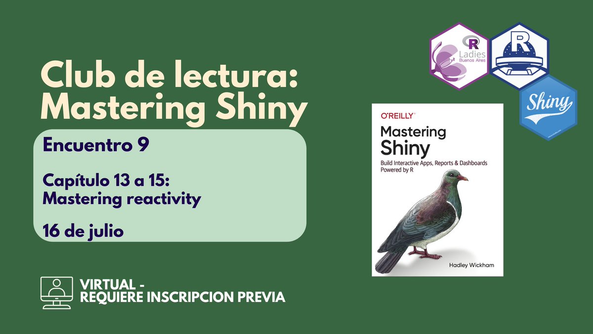 ¡Seguimos leyendo Mastering Shiny, te esperamos en el próximo encuentro! Organizamos junto a <a href="/RLadiesBA/">R-Ladies BuenosAires</a>

📅 Mié 16/07, 18:30-20:00 (UTC-3)
💻 Resolvemos ejercicios y compartimos dudas sobre Shiny.
🙋‍♀️ No hace falta ser experta.

📝 Inscribite en meetup.com/rbuenosaires/e…

 #Shiny